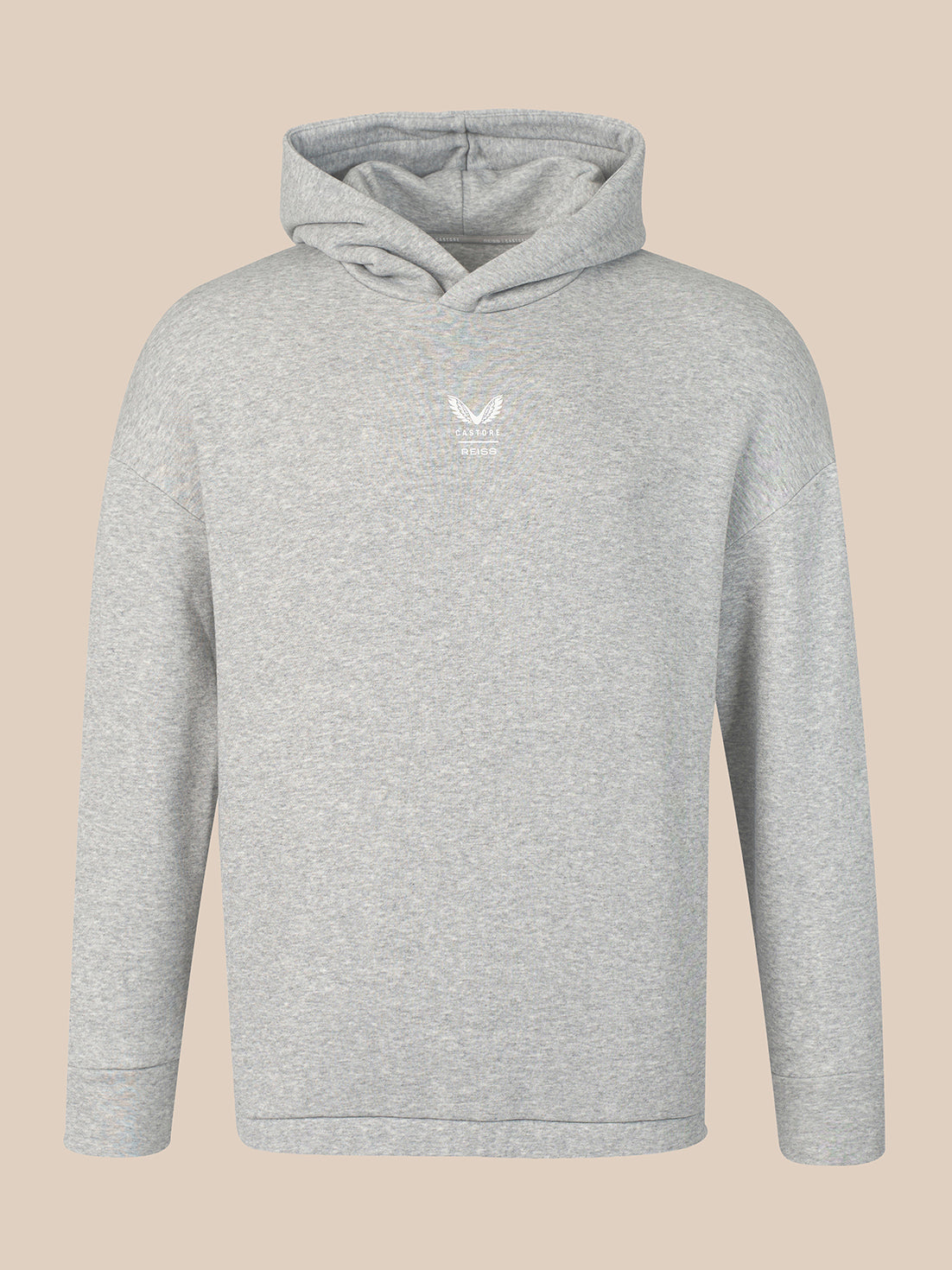 A light gray heather pullover hoodie with a small white embroidered logo on the left chest, displayed against a solid beige background.