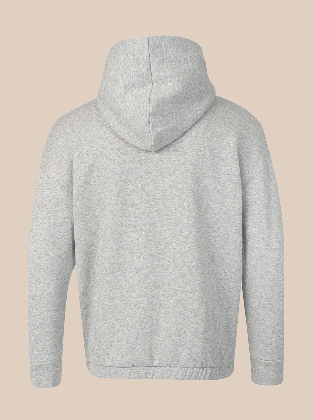A light gray heathered hoodie shown from the back, featuring a simple stitched seam down the center back, ribbed cuffs, and a ribbed hem, set against a solid beige background.