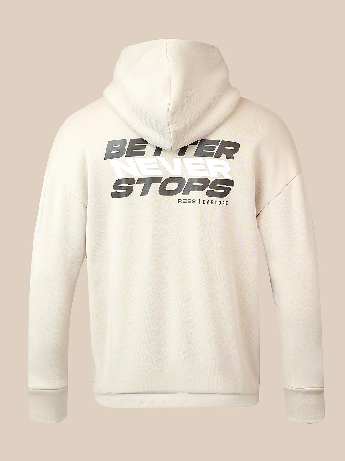 An off-white hooded sweatshirt shown from the back, featuring a large graphic print that reads 'BETTER NEVER STOPS' with 'CASTORE' underneath, set against a solid beige background.