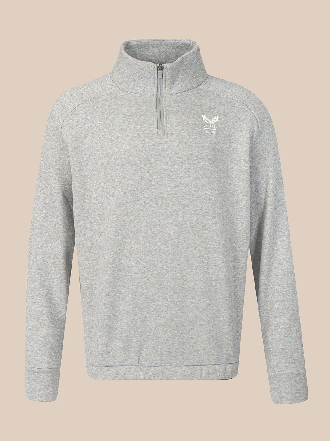 A light gray heathered quarter-zip sweatshirt with a small white winged logo on the left chest, displayed on a solid beige background.