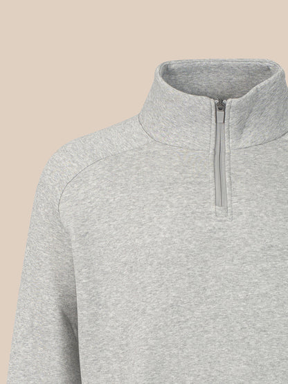 Close-up of a light heather gray quarter-zip pullover sweater with a mock neck collar, shown against a solid beige background.