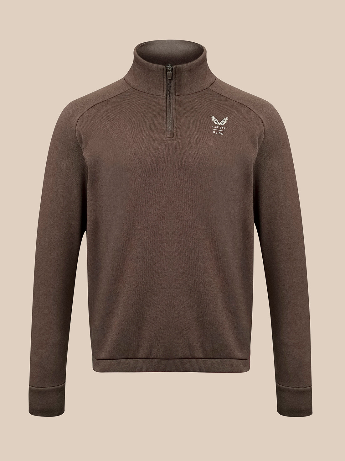 A brown long-sleeve quarter-zip pullover sweater with a small white winged logo on the left chest, displayed on a neutral beige background.