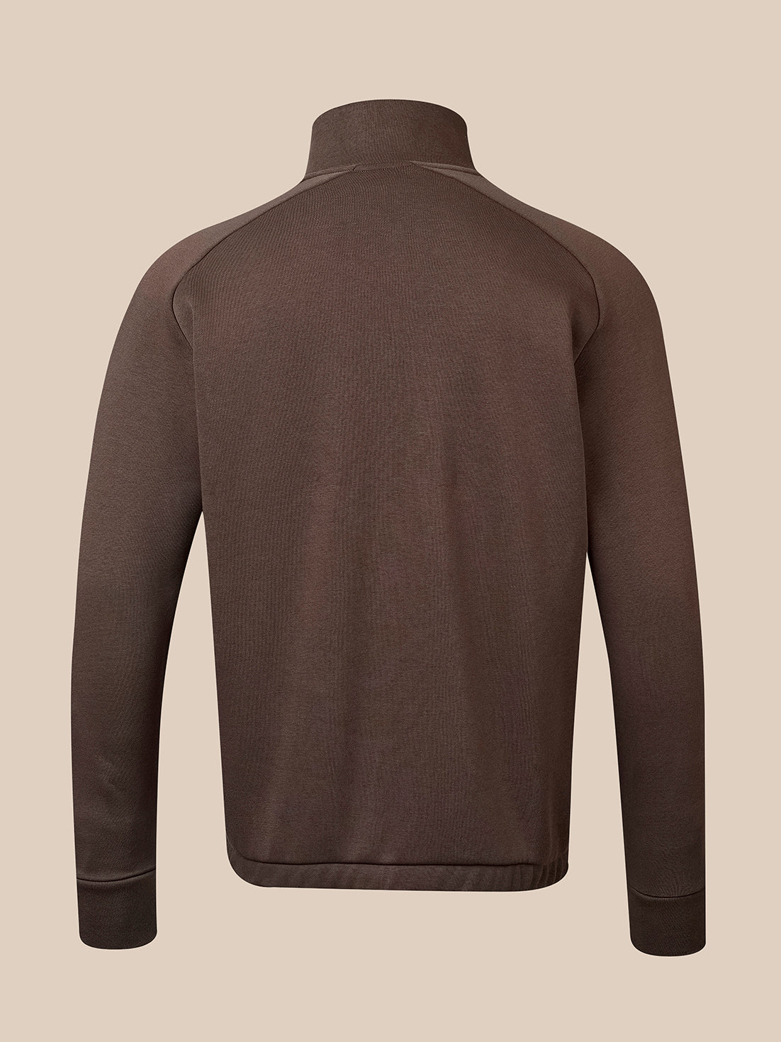 A dark brown long-sleeve quarter-zip pullover sweater shown from the back, featuring a mock neck and ribbed cuffs and hem, set against a solid beige background.