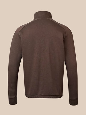 A dark brown long-sleeve quarter-zip pullover sweater shown from the back, featuring a mock neck and ribbed cuffs and hem, set against a solid beige background.