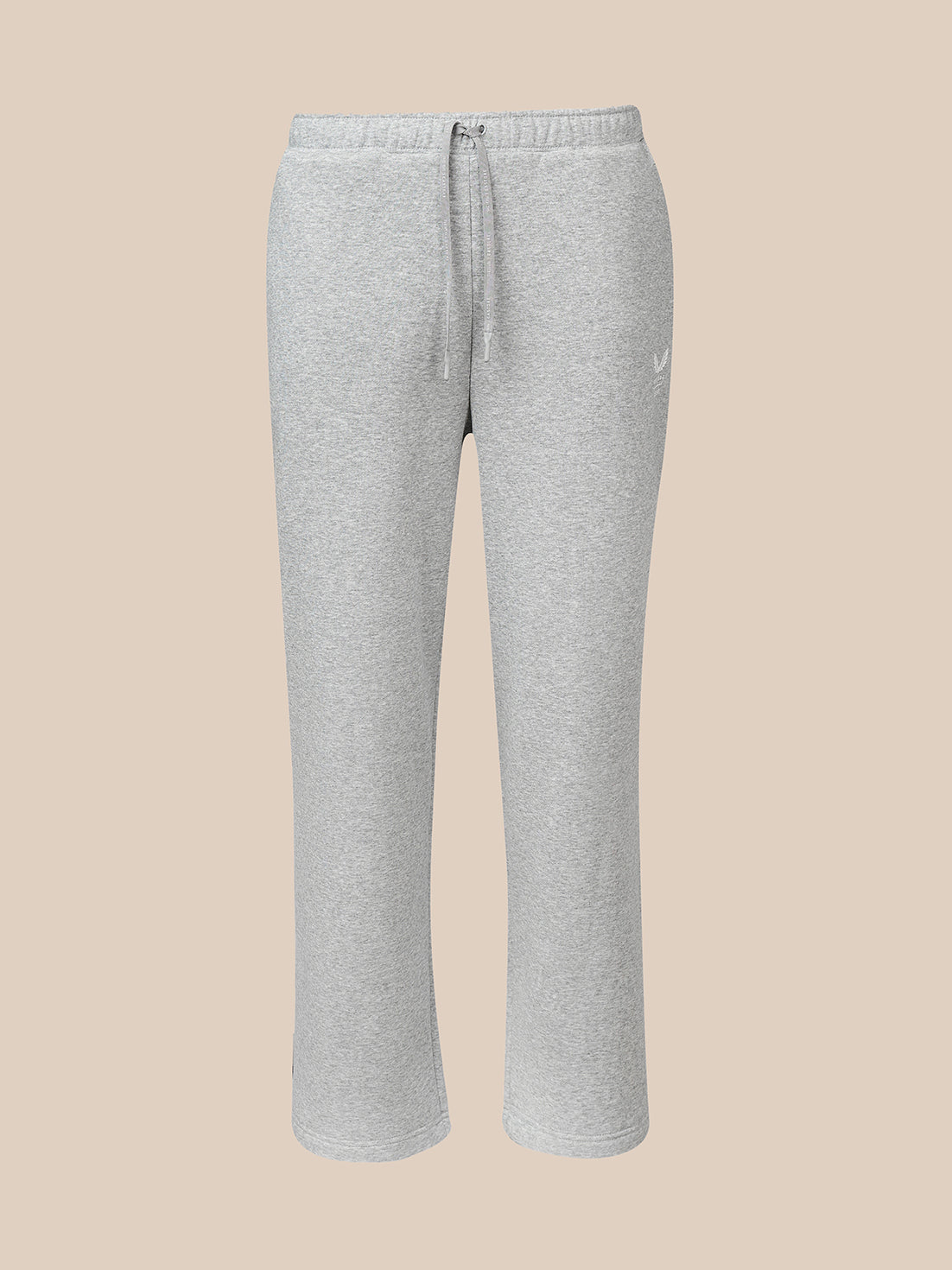 Light heather gray sweatpants with an elastic waistband and drawstring, featuring a small white Castore logo on the left hip, shown against a solid beige background.