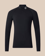 A black long-sleeve athletic mock neck shirt with raglan sleeves, shown on a solid beige background. A small white logo is visible on the inside of the collar.