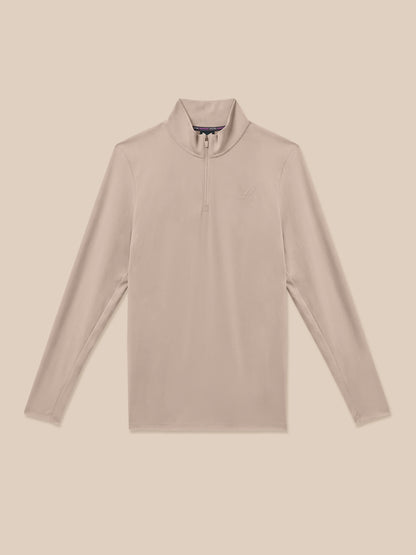 A light beige long-sleeve quarter-zip pullover with a mock neck collar, shown flat against a solid beige background.