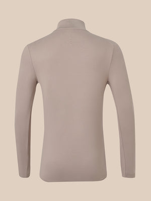 A long-sleeve mock neck shirt shown from the back, in a solid taupe color, displayed on a neutral beige background.