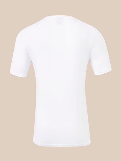 A plain white short-sleeve crewneck t-shirt shown from the back, centered on a solid beige background.