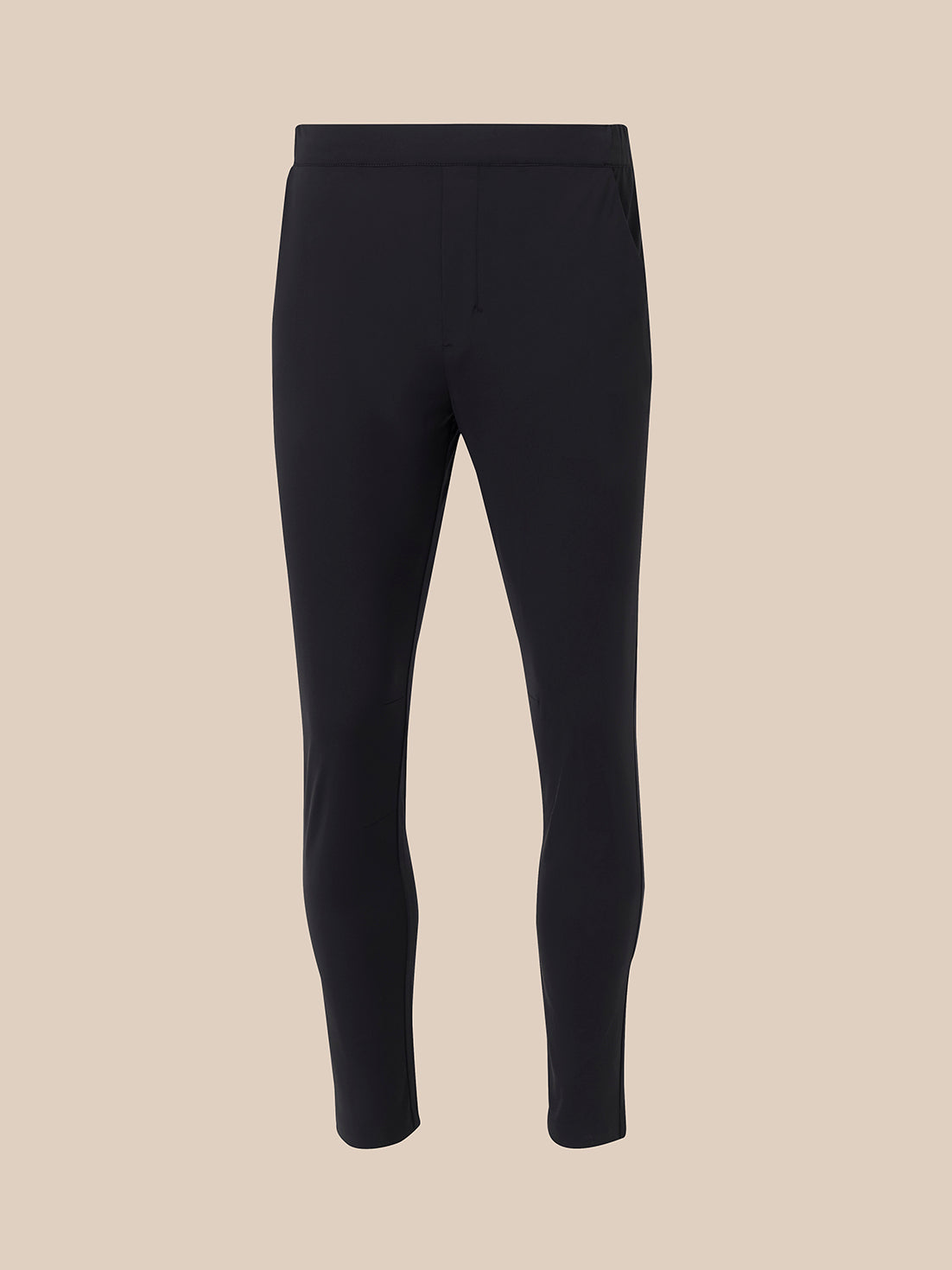 Front view of black slim fit trousers with an elastic pull-on waistband and tapered legs.