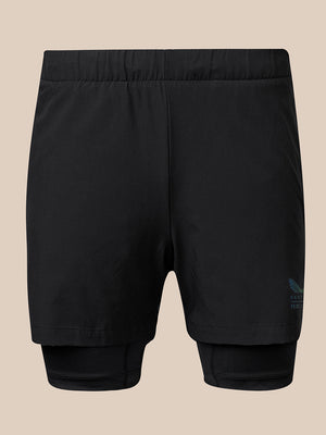 Black athletic compression shorts with an integrated inner layer, shown from the back against a solid beige background.