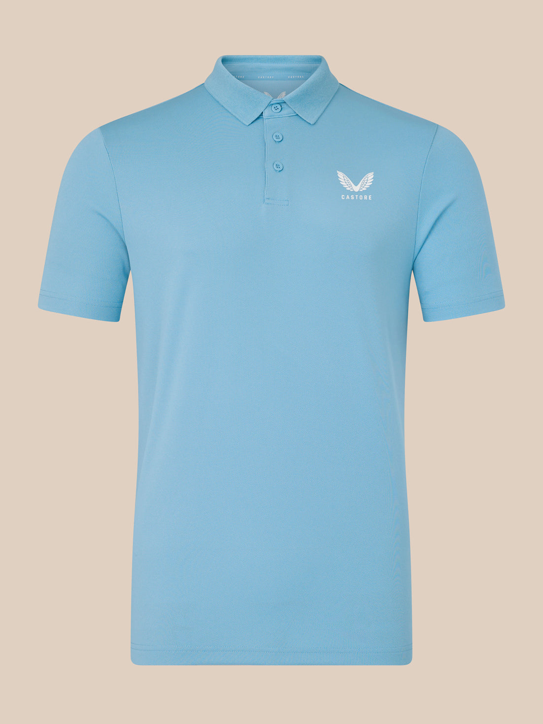 Light blue men's core golf polo with a small white Castore logo on the chest
