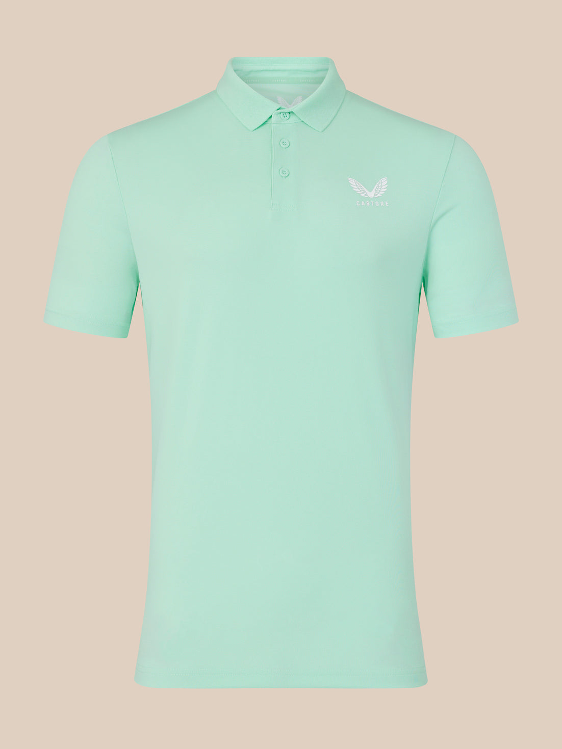 Front view of mint green men's core golf polo with a small white logo on the left chest.