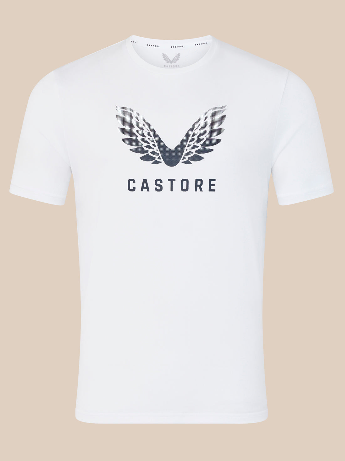 White men's Wings Graphic T-Shirt with large wing logo and Castore branding.