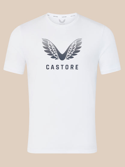 White men's Wings Graphic T-Shirt with large wing logo and Castore branding.