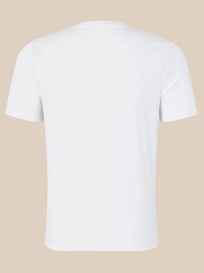 Back view of white crew neck T-shirt with no front graphics.