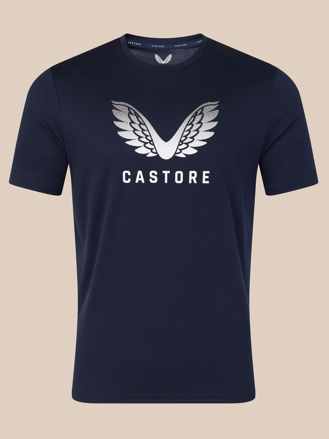 Navy men's wings graphic t shirt with large white wing logo and Castore branding