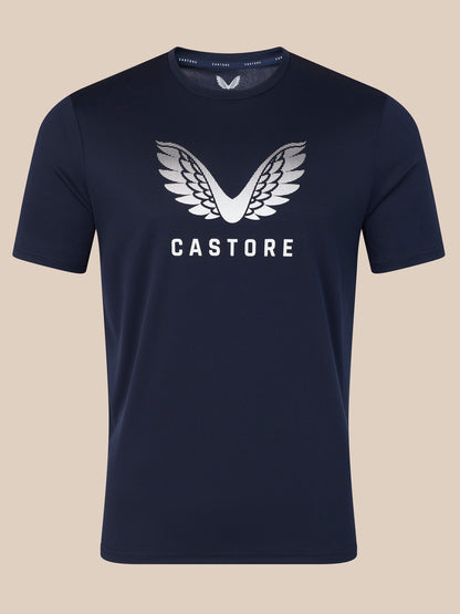 Navy men's wings graphic t shirt with large white wing logo and Castore branding