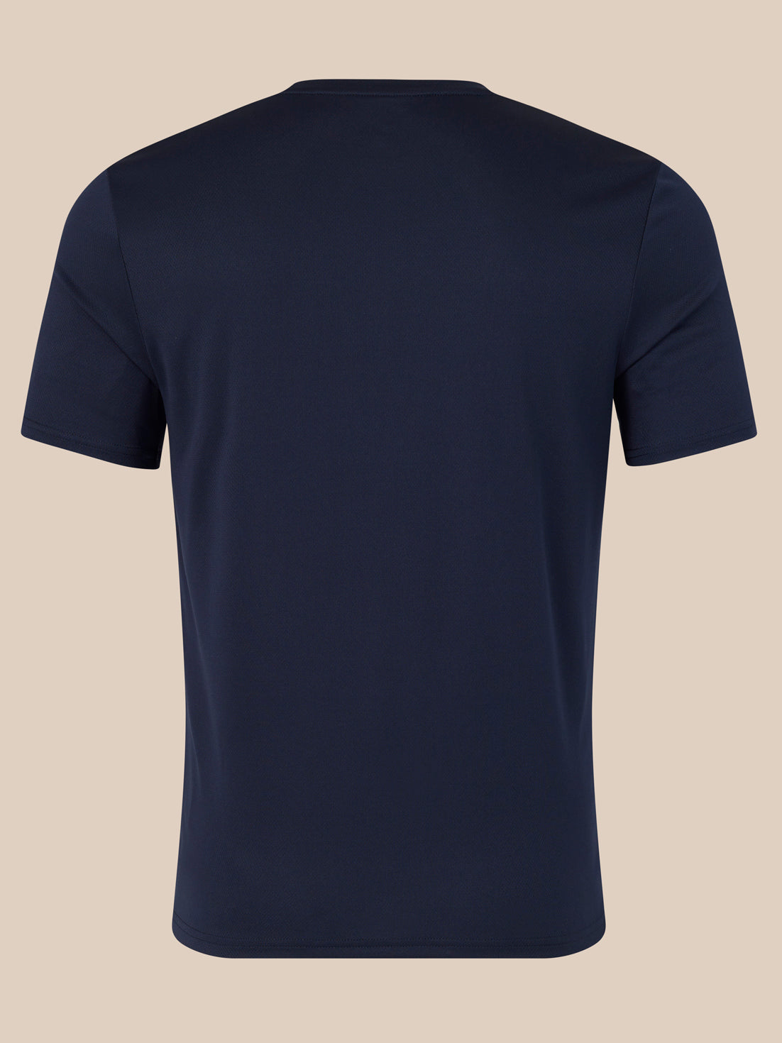 Back view of navy short sleeve t shirt with no visible graphics