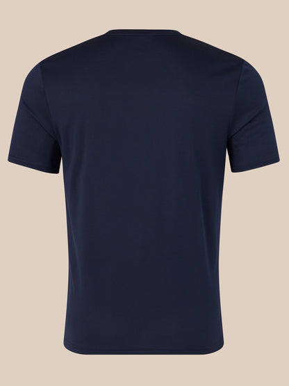 Back view of navy short sleeve t shirt with no visible graphics
