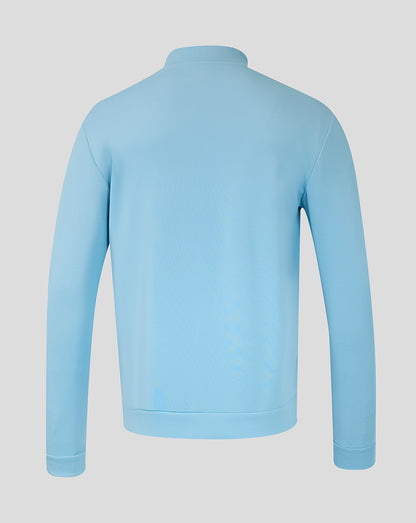 Back view of the light blue men's flex quarter zip sweatshirt with a clean back and ribbed hem.