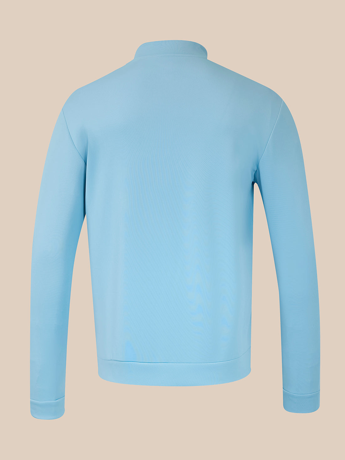 A light blue long-sleeve crewneck sweatshirt shown from the back, displayed on an invisible mannequin against a solid beige background.
