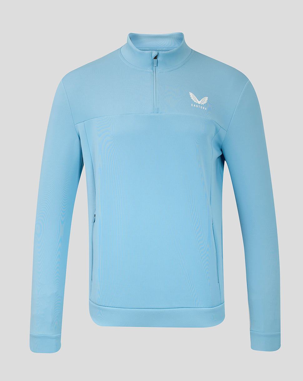 Light blue men's flex quarter zip sweatshirt with a stand collar and a small left chest logo.