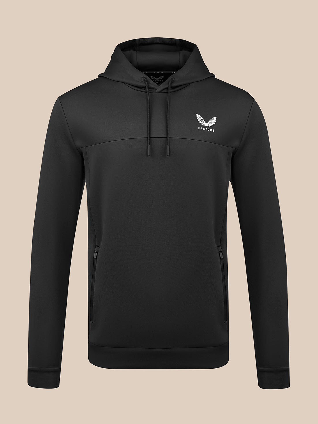 Black men's flex hoodie with hood and white Castore logo on the chest, front view