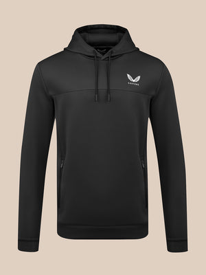 Black men's flex hoodie with hood and white Castore logo on the chest, front view