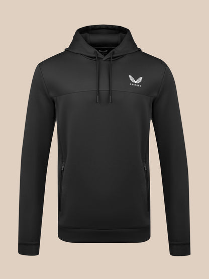 Black men's flex hoodie with hood and white Castore logo on the chest, front view