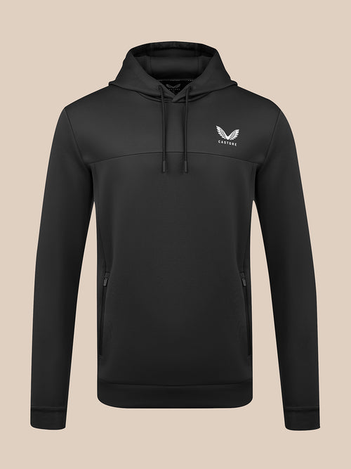 Black men's flex hoodie with hood and white Castore logo on the chest, front view