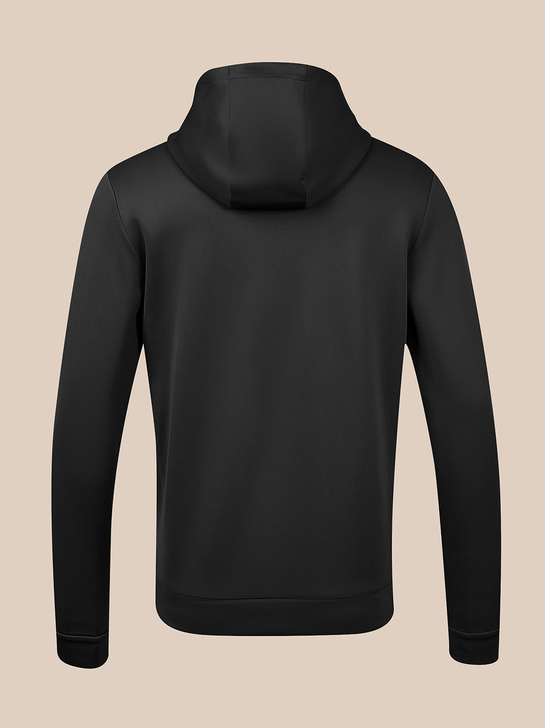 Back view of black men's flex hoodie with hood up and clean silhouette