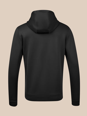 Back view of black men's flex hoodie with hood up and clean silhouette