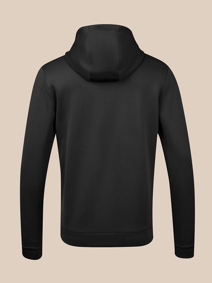 Back view of black men's flex hoodie with hood up and clean silhouette
