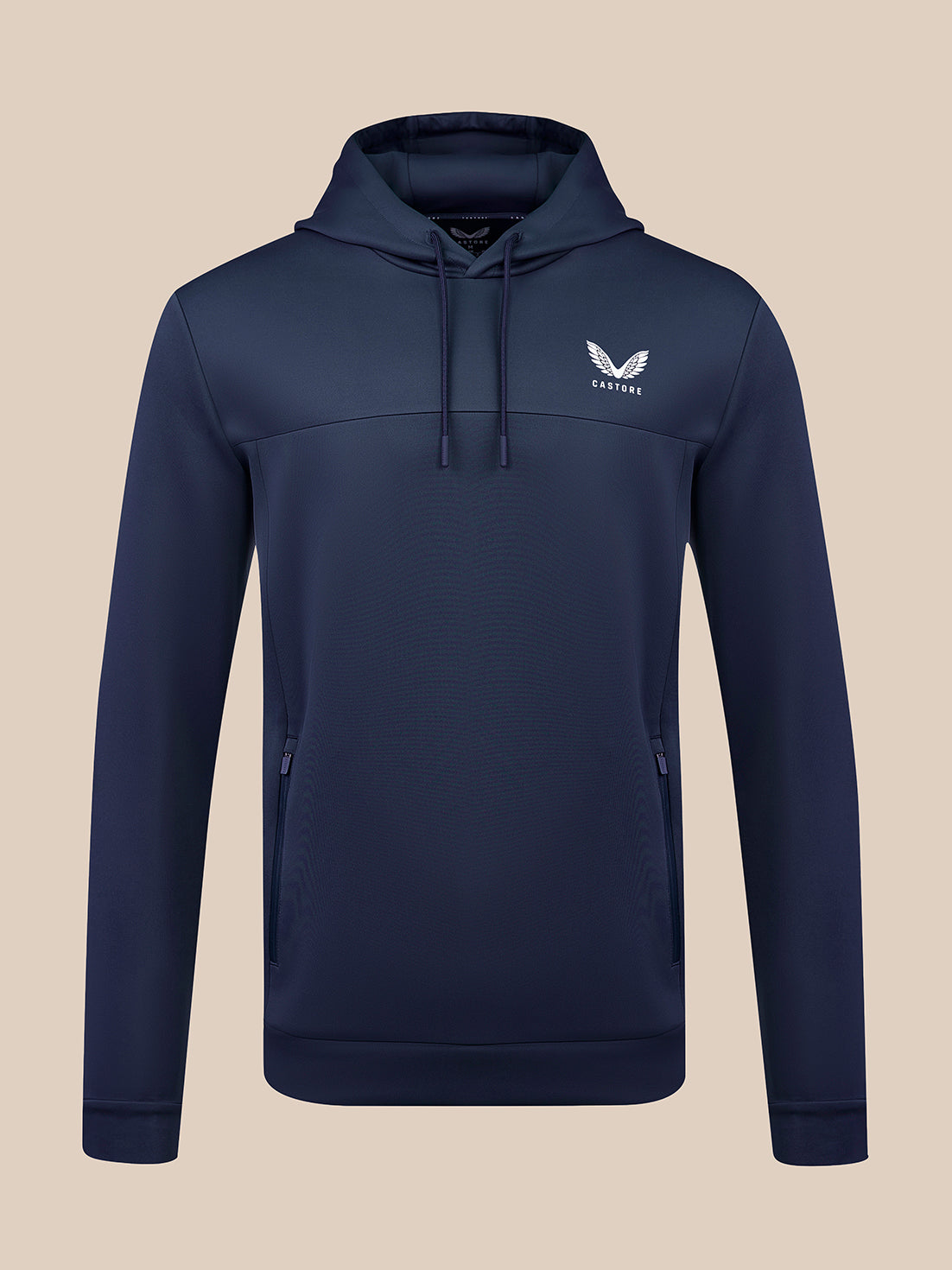 Navy Men's Flex Hoodie with a drawstring hood and small chest logo