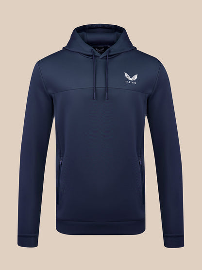 Navy Men's Flex Hoodie with a drawstring hood and small chest logo
