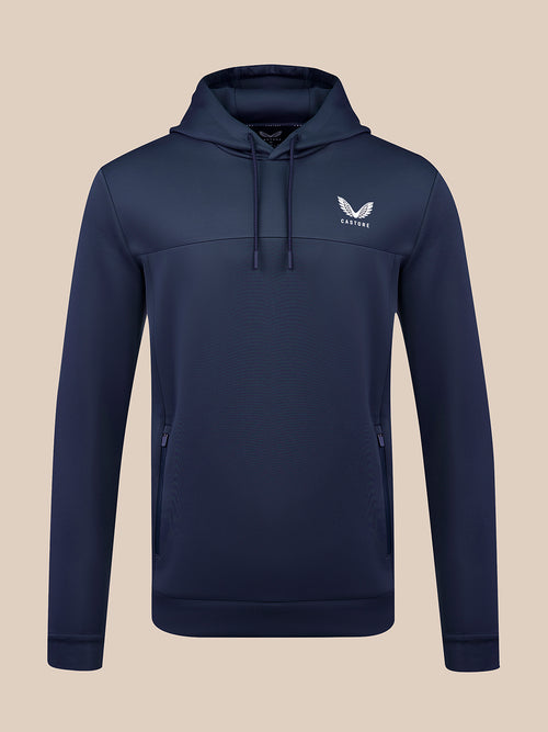Navy Men's Flex Hoodie with a drawstring hood and small chest logo