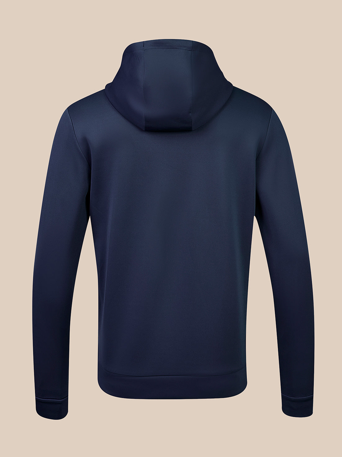 Back view of navy flex hoodie showing the hood and clean silhouette