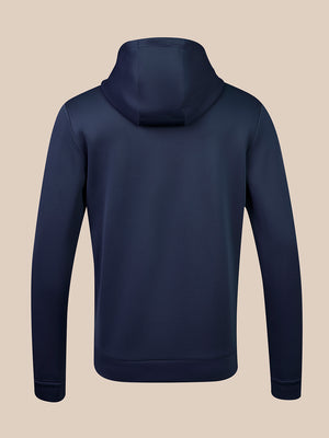 Back view of navy flex hoodie showing the hood and clean silhouette