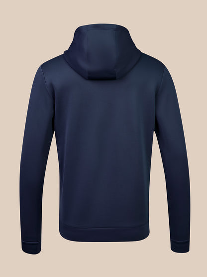 Back view of navy flex hoodie showing the hood and clean silhouette