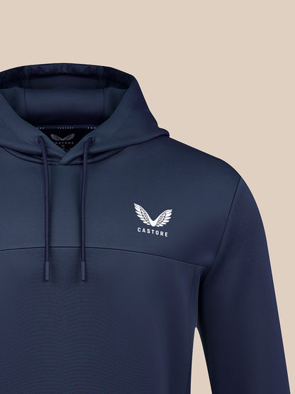 Front view of navy Men's Flex Hoodie with hood and Castore logo on the chest.