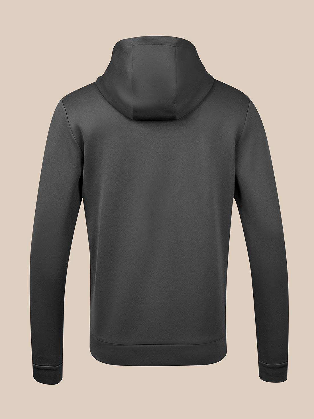 A dark gray hoodie shown from the back, displayed on a clean, solid beige background.