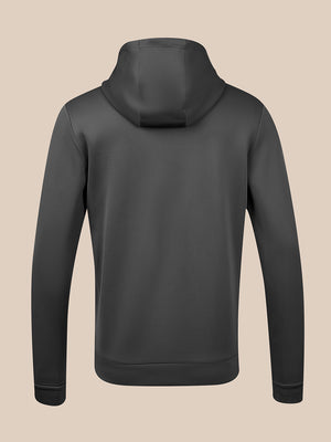 A dark gray hoodie shown from the back, displayed on a clean, solid beige background.