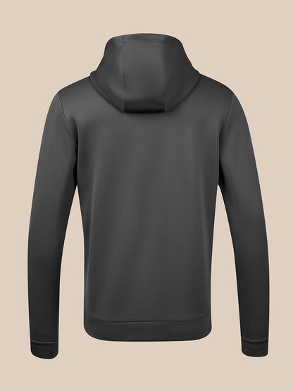A dark gray hoodie shown from the back, displayed on a clean, solid beige background.
