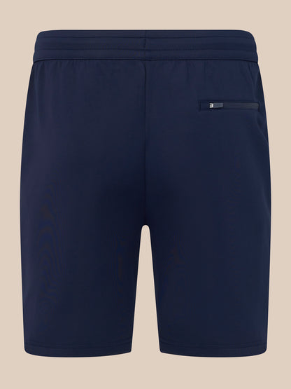 Navy men's Flex Shorts back view with wide elastic waistband and rear zip pocket