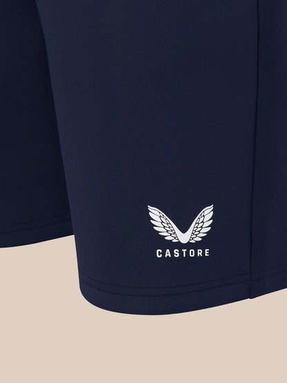 Navy men's flex shorts with white Castore logo at the hem.