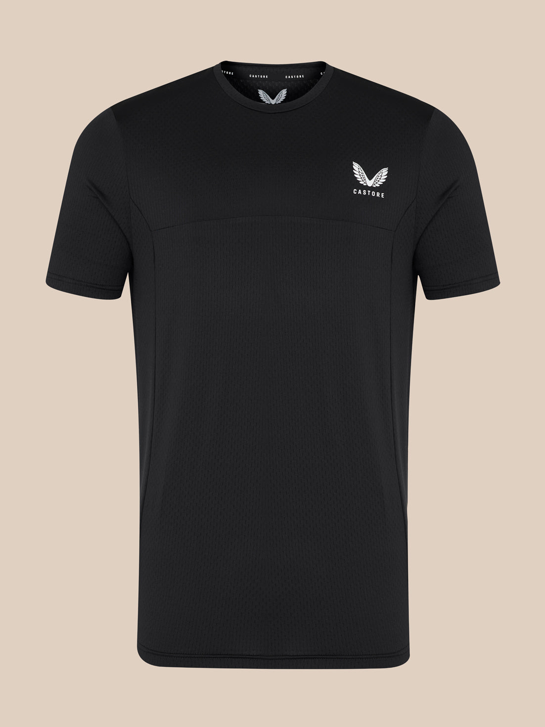 Black men's short sleeve training T shirt with small white Castore logo on left chest