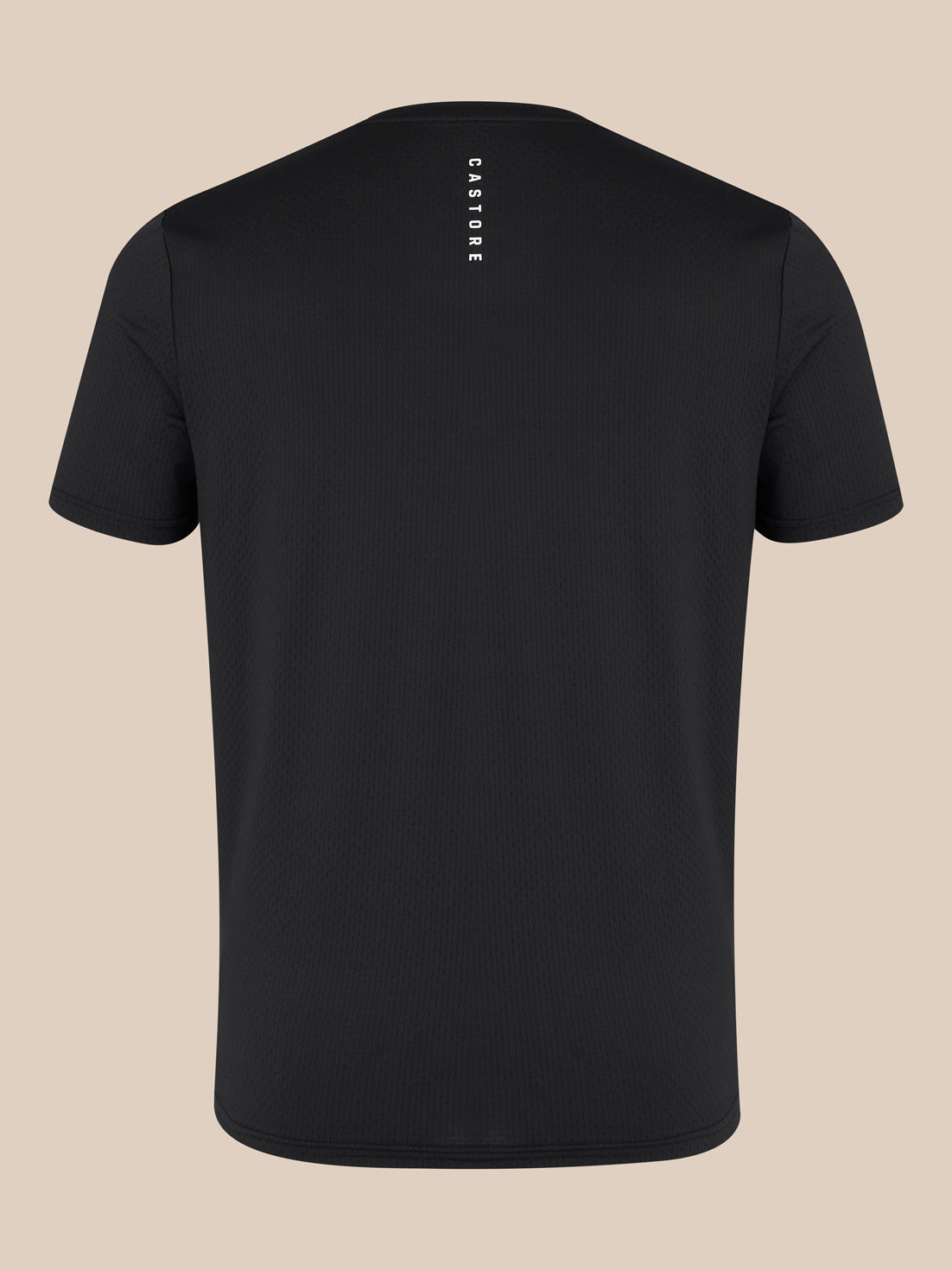 Back view of black men's short sleeve training T shirt showing vertical Castore branding on the upper back