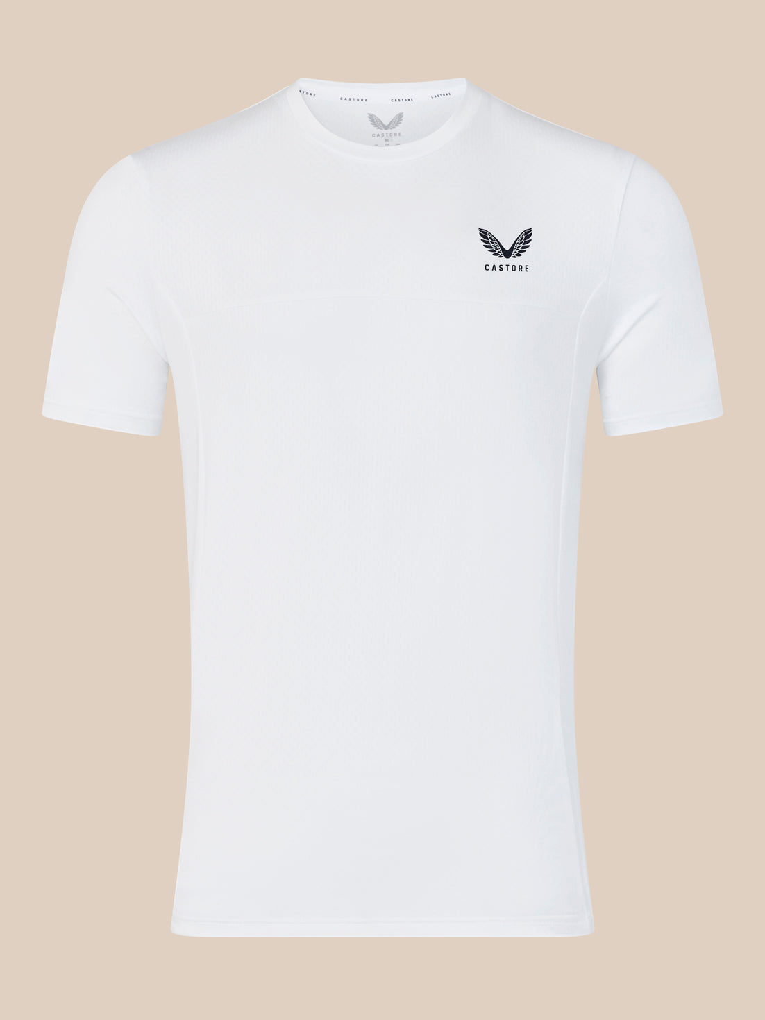 Front view of white men's short sleeve training T shirt with Castore logo on chest