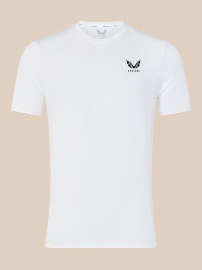 Front view of white men's short sleeve training T shirt with Castore logo on chest